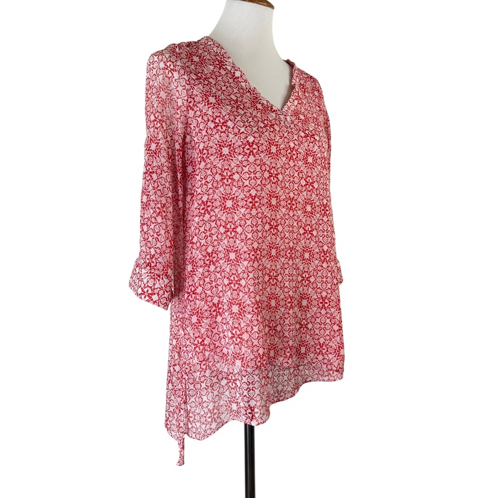 The Limited Red White Geometric Floral V-Neck Roll Tab Sleeve Tunic Top Womens S